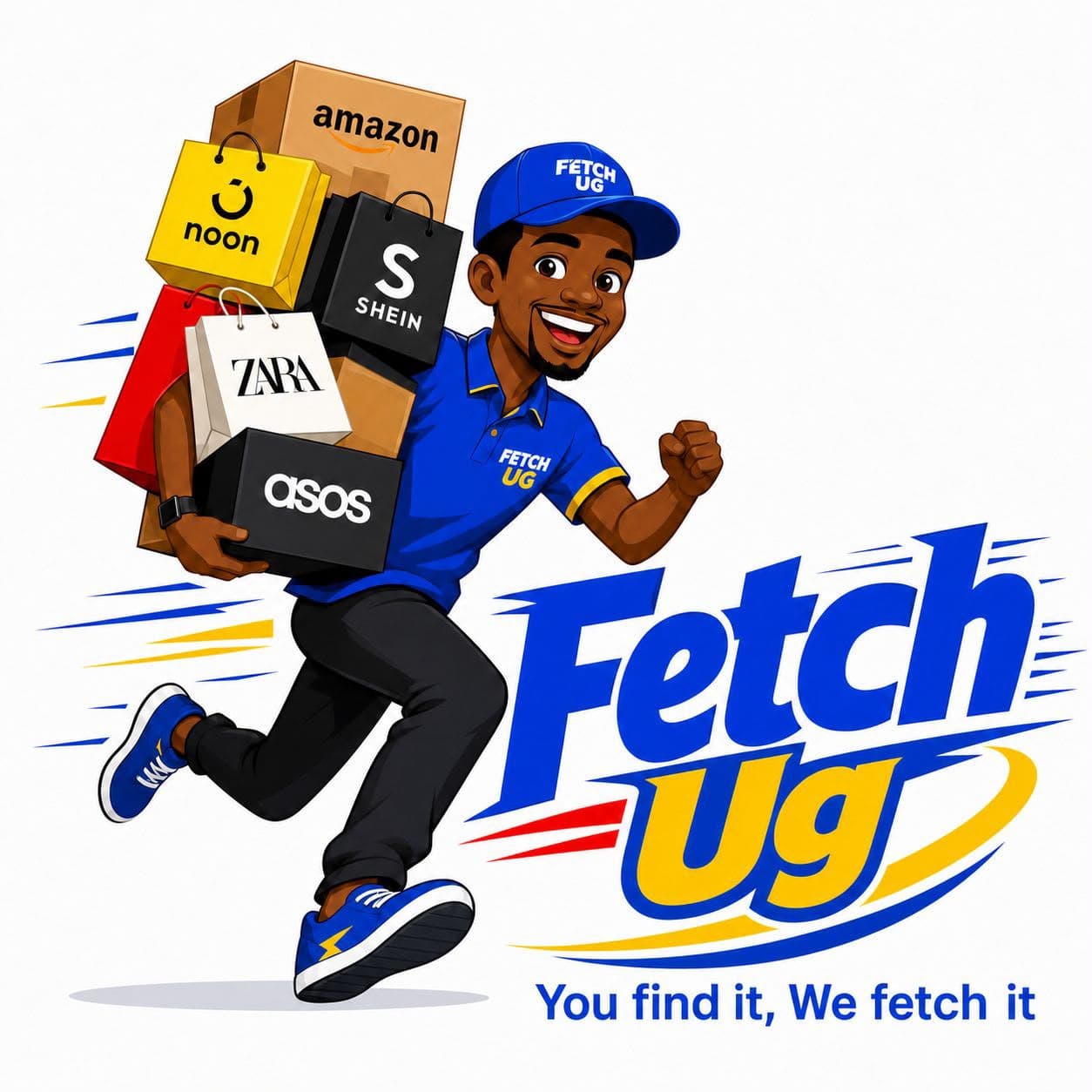 The Fetch UG hero carrying shopping bags from Amazon, Shein, Zara, ASOS and Noon